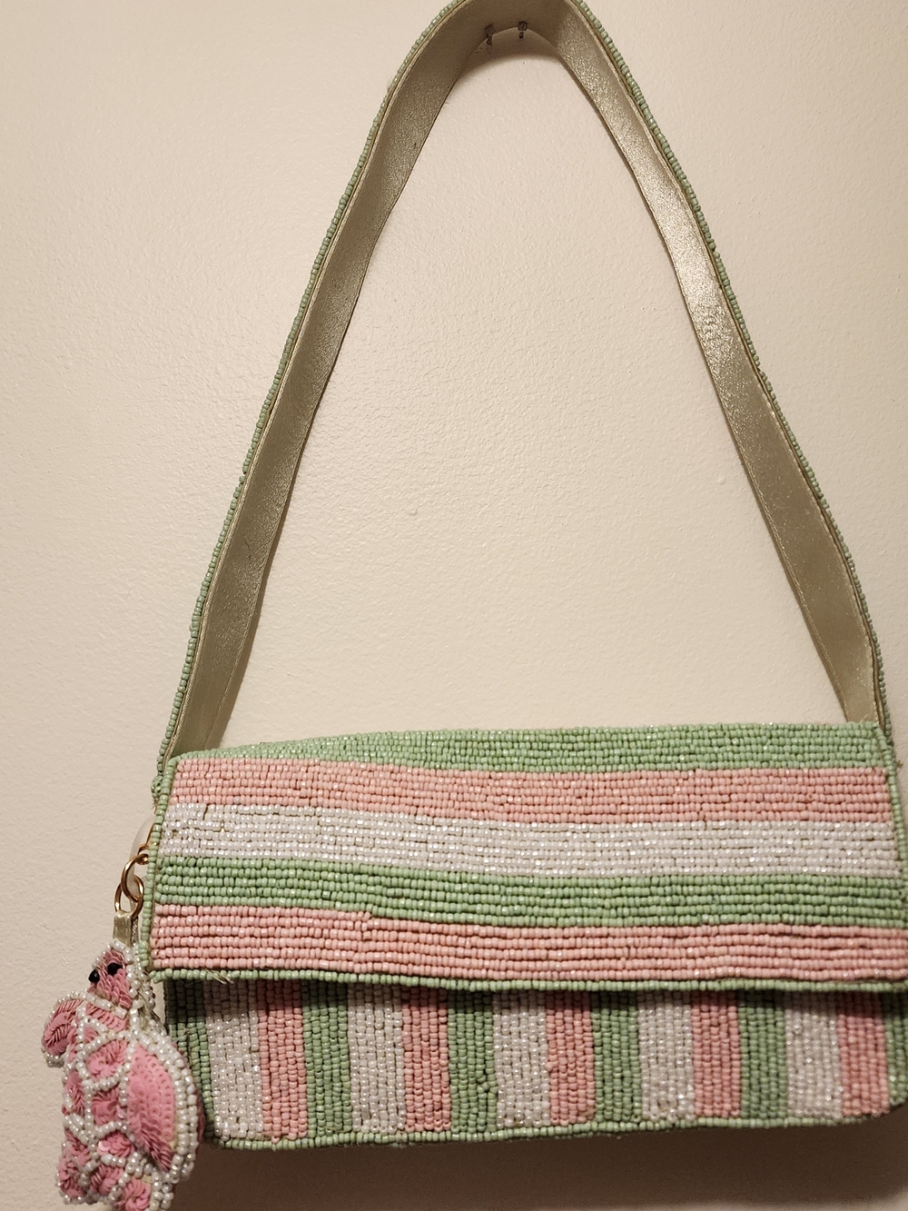 Beaded Pink & Green Stripe Shoulder Bag